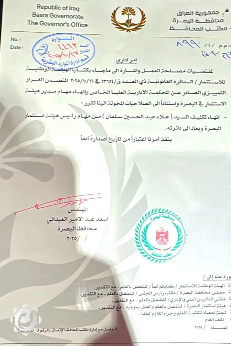 محافظ البصرة يقرر إنهاء تكليف رئيس هيئة الاستثمار وإعادته إلى دائرته السابقة